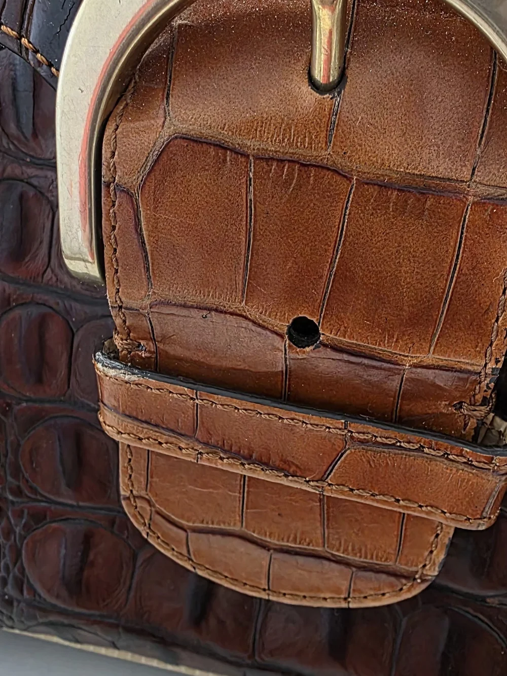 Brahmin Croc-Embossed Leather Satchel in Dark Brown and Tan
